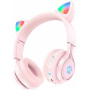 Купить Bluetooth-гарнитура Hoco W39 Cat ear Kids розовые (детские, разноцветная подсветка ушек)