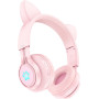 Купить Bluetooth-гарнитура Hoco W39 Cat ear Kids розовые (детские, разноцветная подсветка ушек)